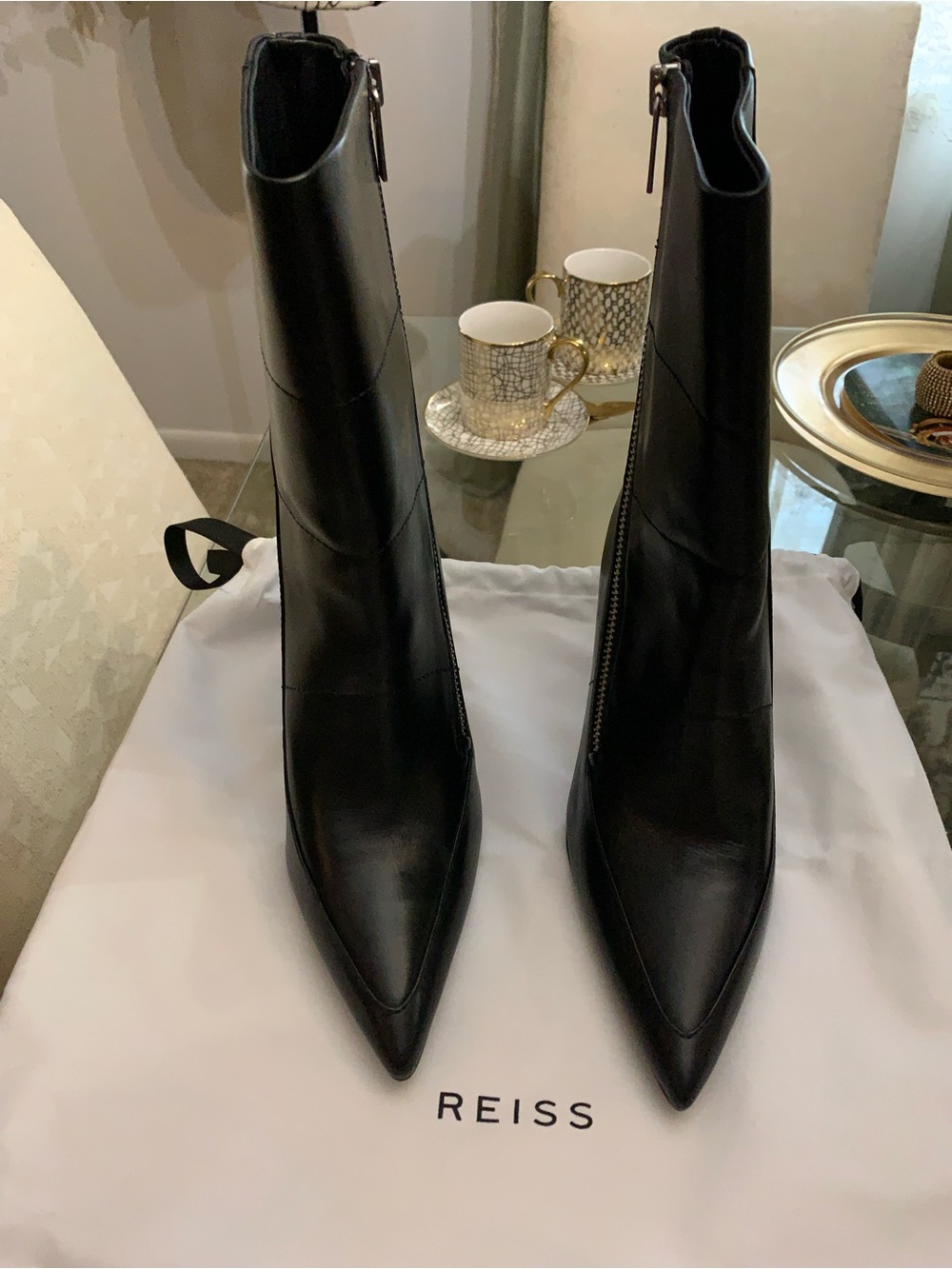 Reiss Black Leather Pointed Toe Zip-Front Ankle Boots